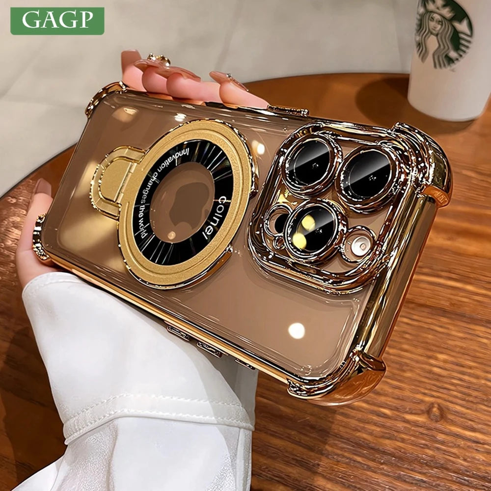 Luxury Airbag Plating Magsafe Case for iPhone 16 15 14 13 12 11 Pro Max Plus X Xs Xr Magnetic Bracket Transparent Silicone Cover