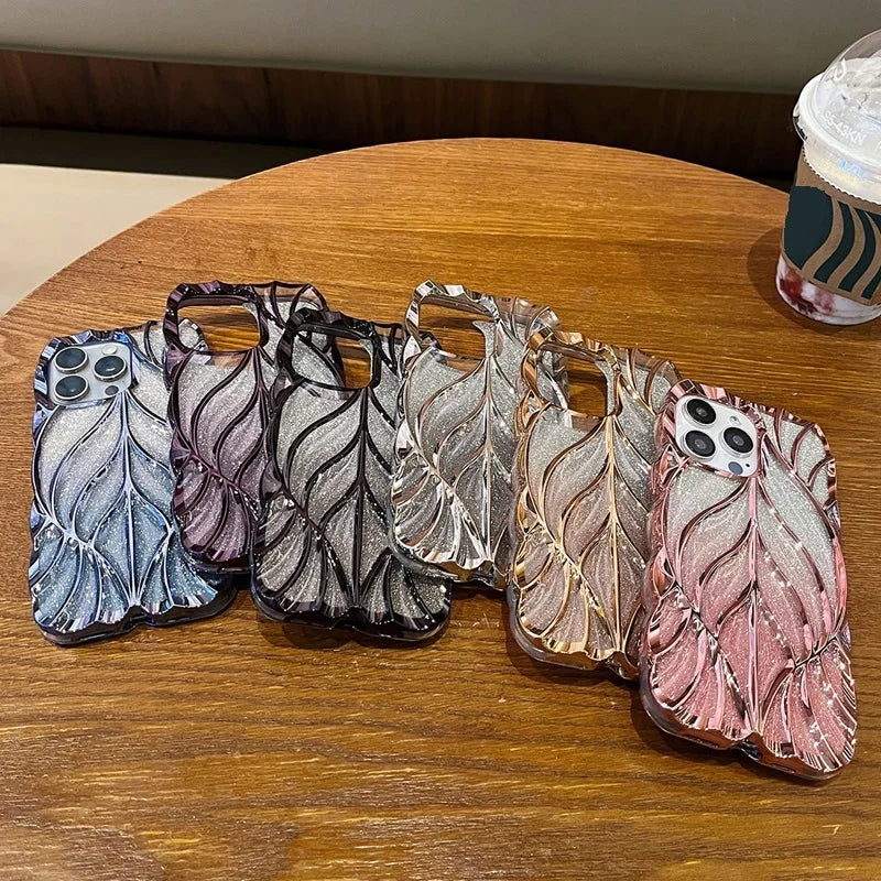 3D Glitter Leaf Phone Case for iPhone 15 14 13 Pro Max TPU Soft Bumper Reflective Plating Back Cover
