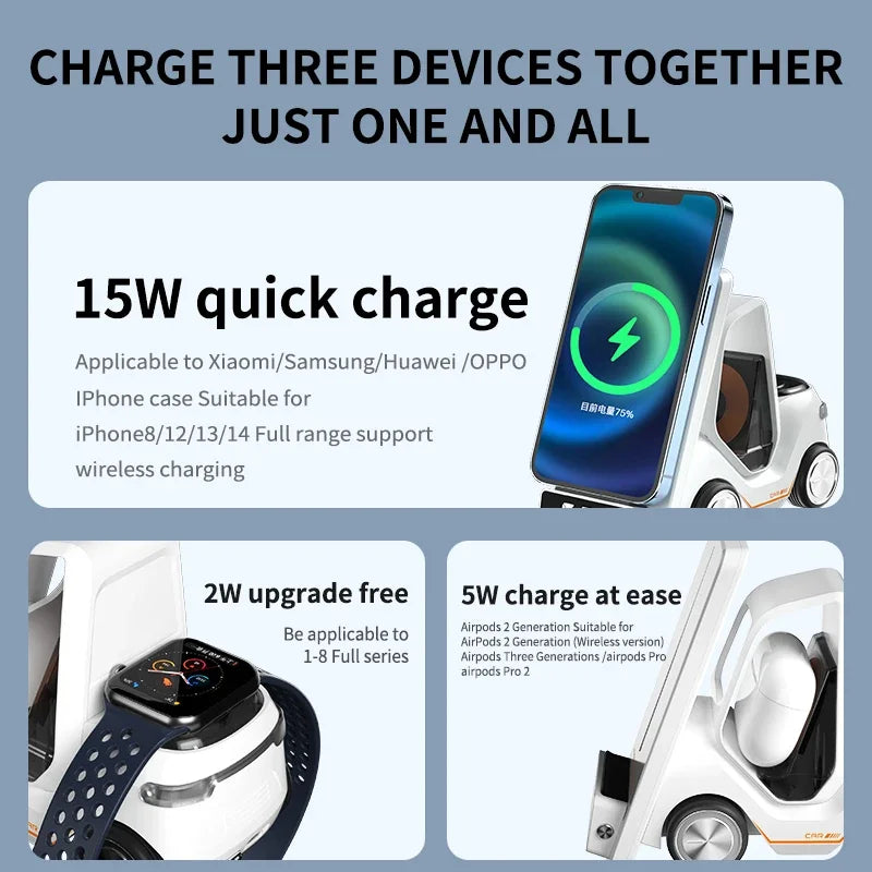 Cartoon 5-in-1 wireless fast charging with alarm clock suitable for iPhone 15 14 13 12 8 X XS XR Apple Watch 8 7 6 5 Airrods