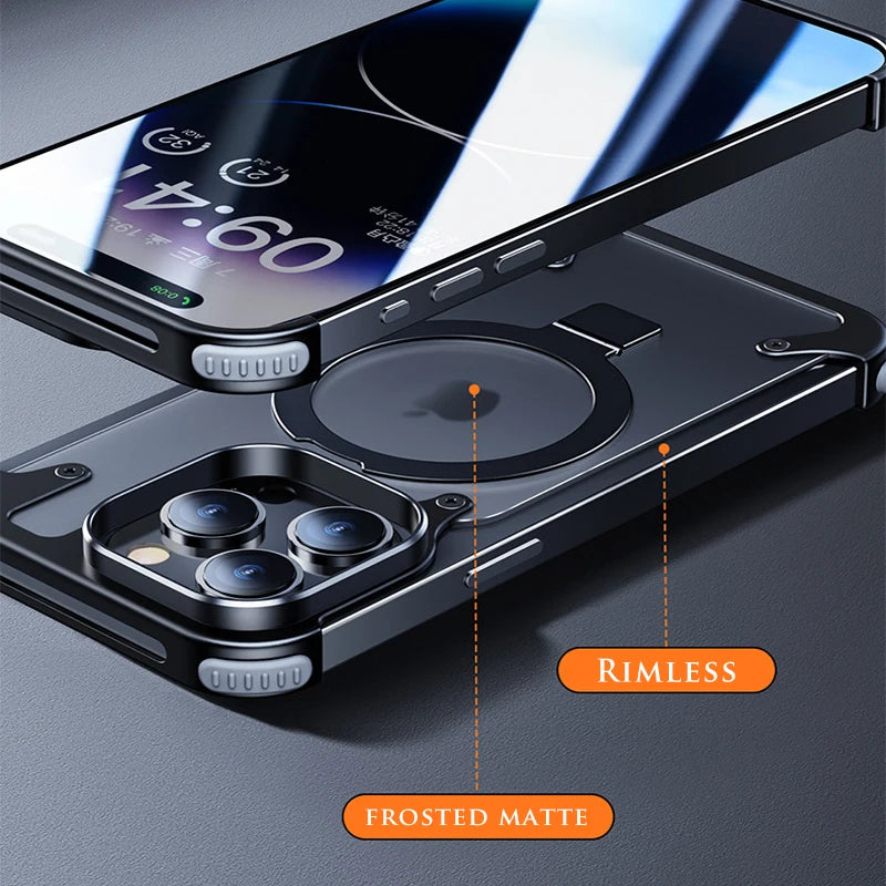 Aluminum Alloy Magnetic Stand Rimless Phone Case For iPhone 13 14 15 16 Pro Max Plus Metal Lens Shell Frosted Matte Back Cover