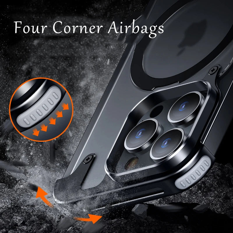 Aluminum Alloy Magnetic Stand Rimless Phone Case For iPhone 13 14 15 16 Pro Max Plus Metal Lens Shell Frosted Matte Back Cover