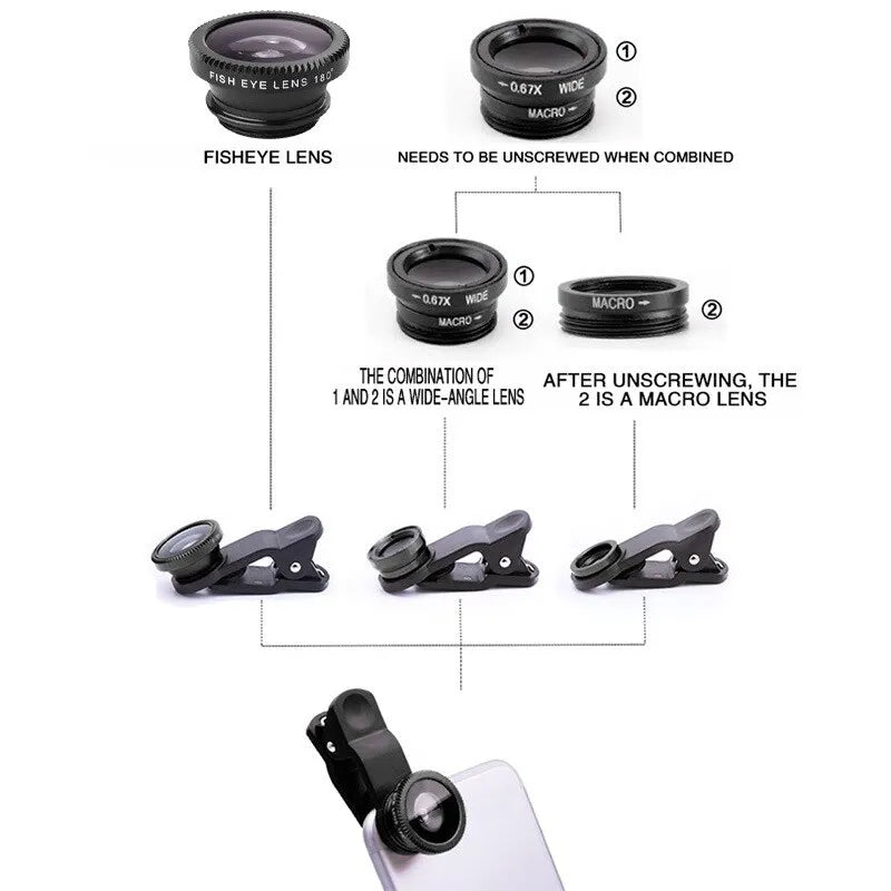 Fisheye Wide Angle Macro Portable 3 In 1 Mobile Phone Camera Lens Clip Macro Smartphone External Lens Android Accessories