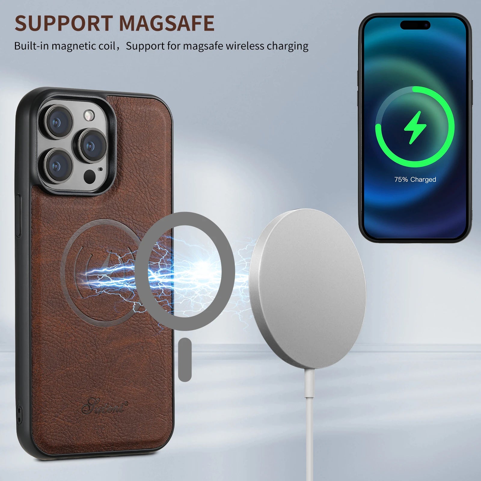 SUTENI Wallet Phone Case Card Holder Leather Magnetic Pocket Cover For Wireless Charging For iPhone 12 13 14 16 ProMax 15Plus