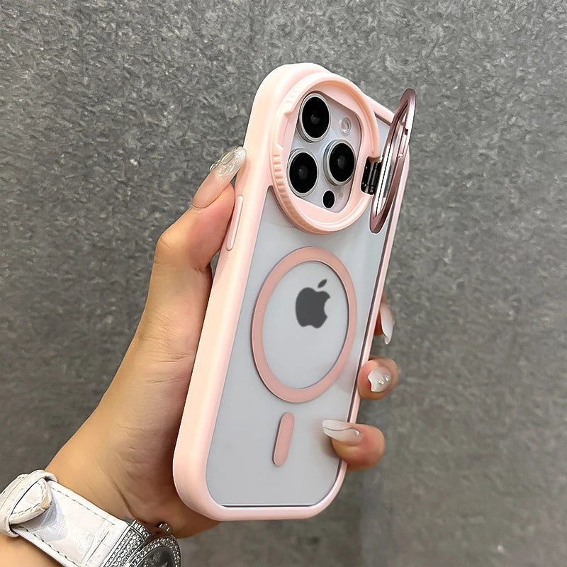Fold Glass Lens Stand Magnetic Transparent Case For iPhone 16 15 14 13 12 11 Pro Max For Magsafe Wrist Strap Shockproof Cover