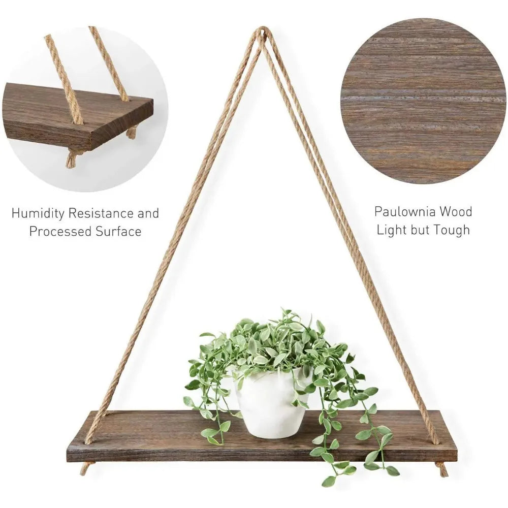 Wooden Rope Swing Wall Hanging Plant Flower Pot Tray Mounted Floating Wall Shelves Nordic Home Decoration Moredn Simple Design