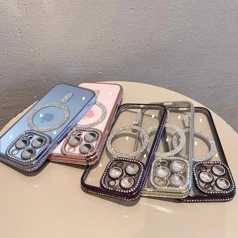 Bling Glitter Rhinestone Magnetic Wireless Charge Case for iPhone 16 15 14 13 12 11 Pro Max Plus Shockproof Pink Jewelled Cover