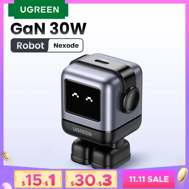 【US Plug】UGREEN 30W 65W GaN Charger Robot Design PD3.0 Fast Charger PPS for iPhone 16 15 Macbook Laptops Samsung XiaomiTablets