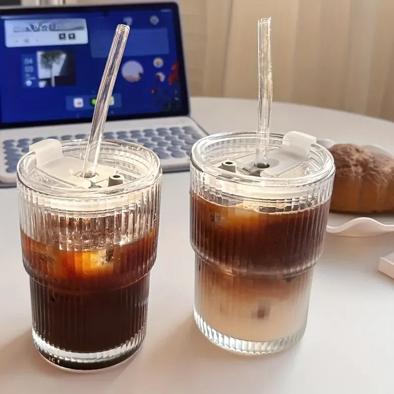 1/2PCS 450ml Stripe Glass Cup Transparent Glasses with Lid and Straw Ice Coffee Mug Tea Cup Juice Glass Milk Water Cup Drinkware
