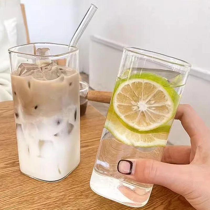 2-1Square Coffee Glass Cup With Lid and Straw Transparent glasses Milk Tea Juice Cups ice Mug For Drinkware
