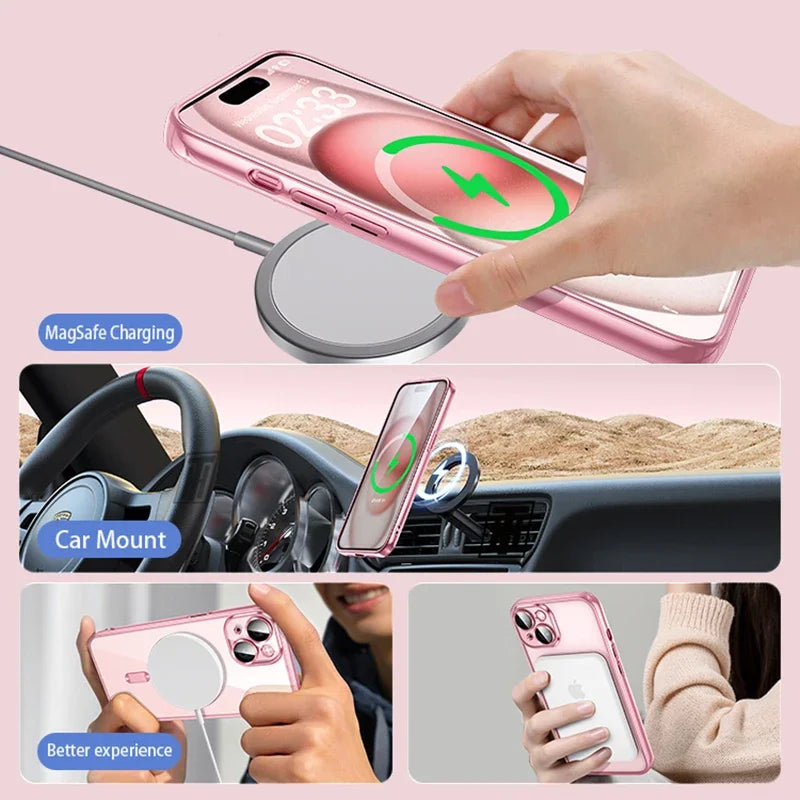Luxury Plating Silicone TPU Transparent Case for iPhone 16 15 14 13 12 11 Pro Max Plus Magsafe Magnetic Lens Film Protect Cover