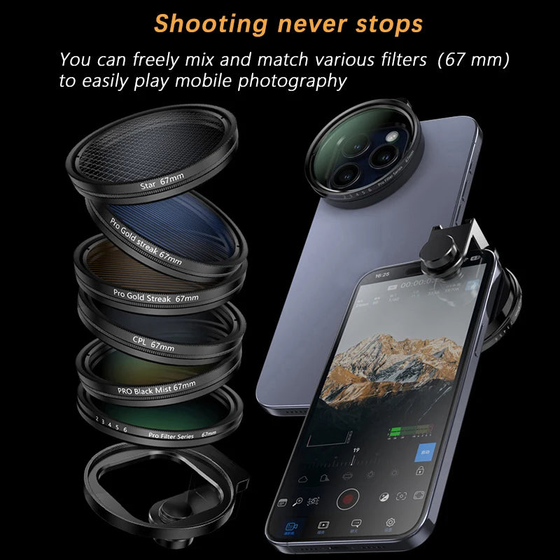 67mm Metal Phone Filter kit Cold Shoe Mount Lens Starlight Black Mist VND CPL for iPhone Pro Max Samsung Android HUAWEI Xiaomi