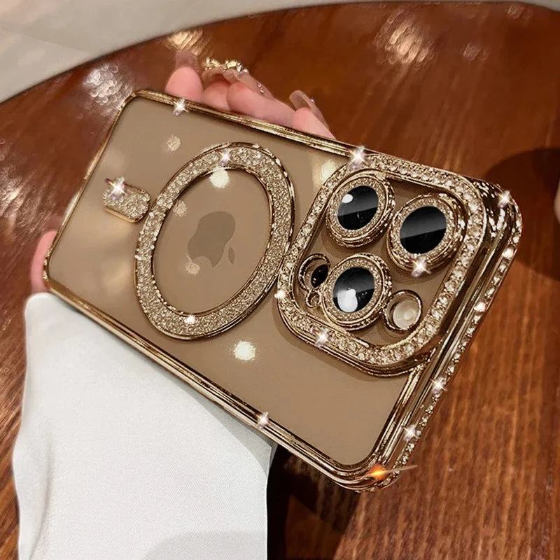 Bling Glitter Rhinestone Magnetic Wireless Charge Case for iPhone 16 15 14 13 12 11 Pro Max Plus Shockproof Pink Jewelled Cover