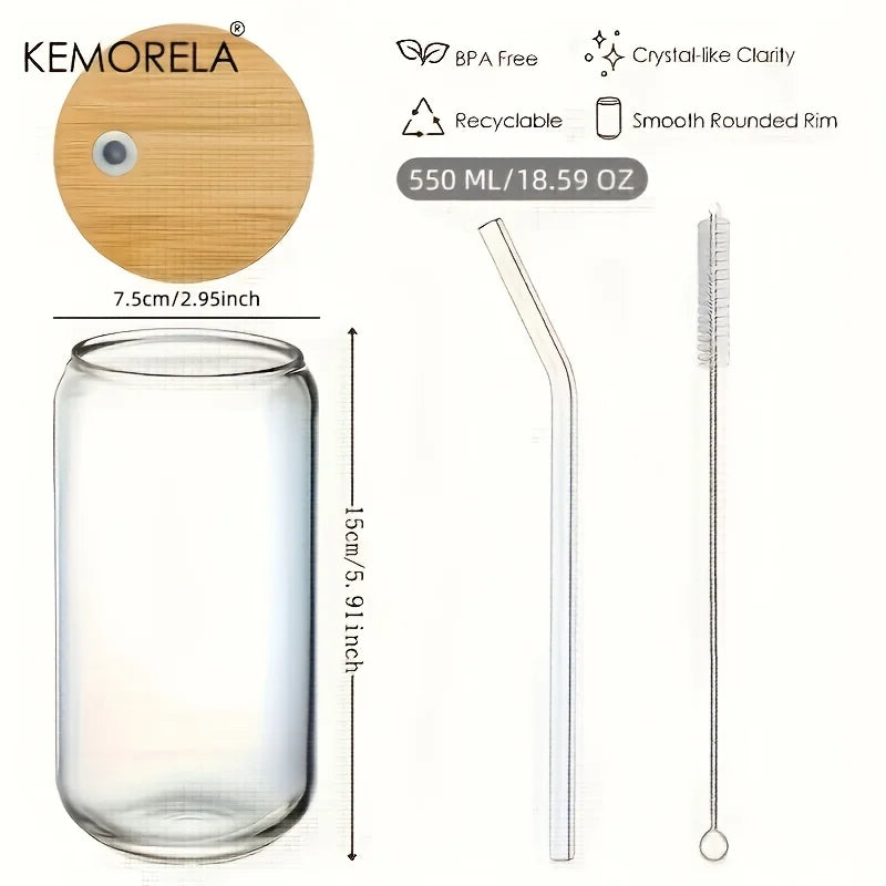 18.6OZ Glass Cup With Lid and Straw Transparent Bubble Tea Cup Glass Beer Can Milk Mocha Cups1/2/4 Set Breakfast Mug Drinkware