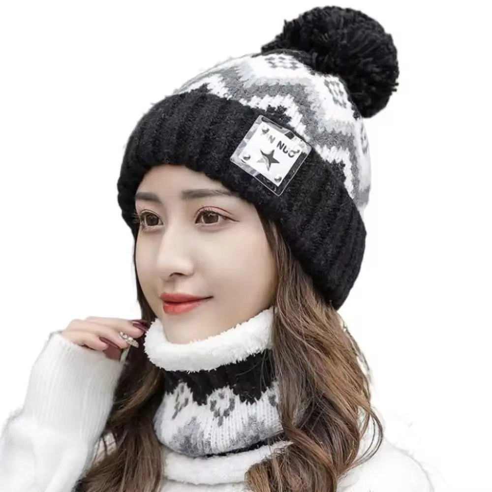 2PCS Winter Women Plush Velvet Hats Neck Warmer Hat Scarf Set Beanies Cycling Windproof Hat Outdoor Ear Protection