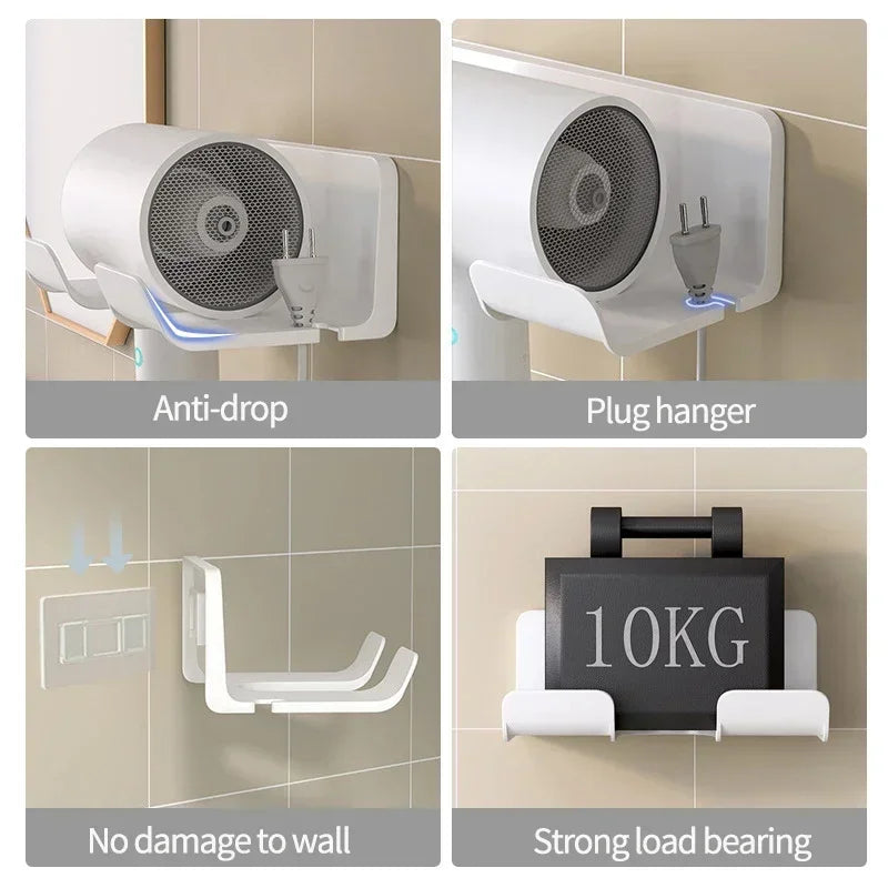 Wall Mounted Hair Dryer Bracket Bathroom Shelf Hair Dryer Storage Rack Plastic Strong Adhesive Bracket Bathroom Storage Rack