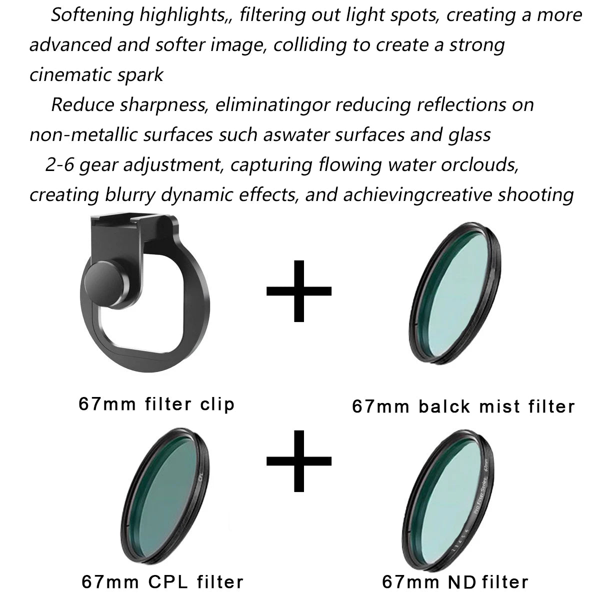 67mm Metal Phone Filter kit Cold Shoe Mount Lens Starlight Black Mist VND CPL for iPhone Pro Max Samsung Android HUAWEI Xiaomi