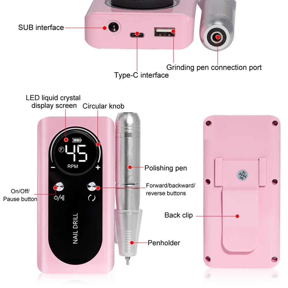 45000RPM Nail Drill Machine Electric Portable Nail File Rechargeable Nail Sander for Gel Nails Polishing For Home Manicure Salon