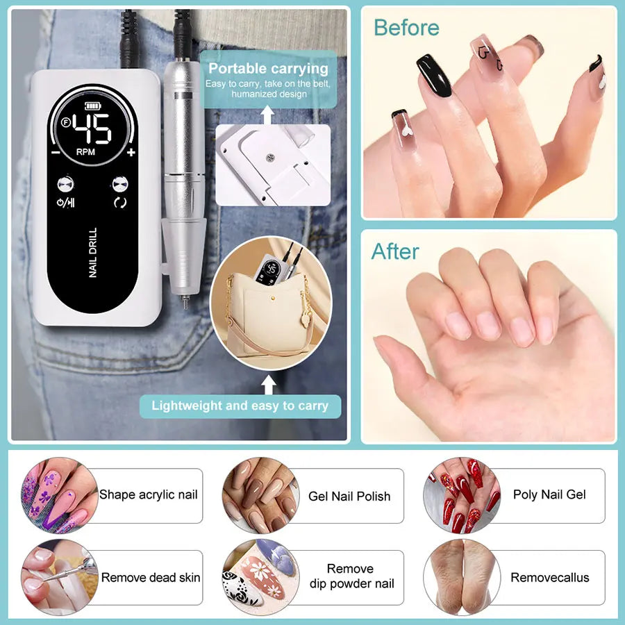 45000RPM Nail Drill Machine Electric Portable Nail File Rechargeable Nail Sander for Gel Nails Polishing For Home Manicure Salon