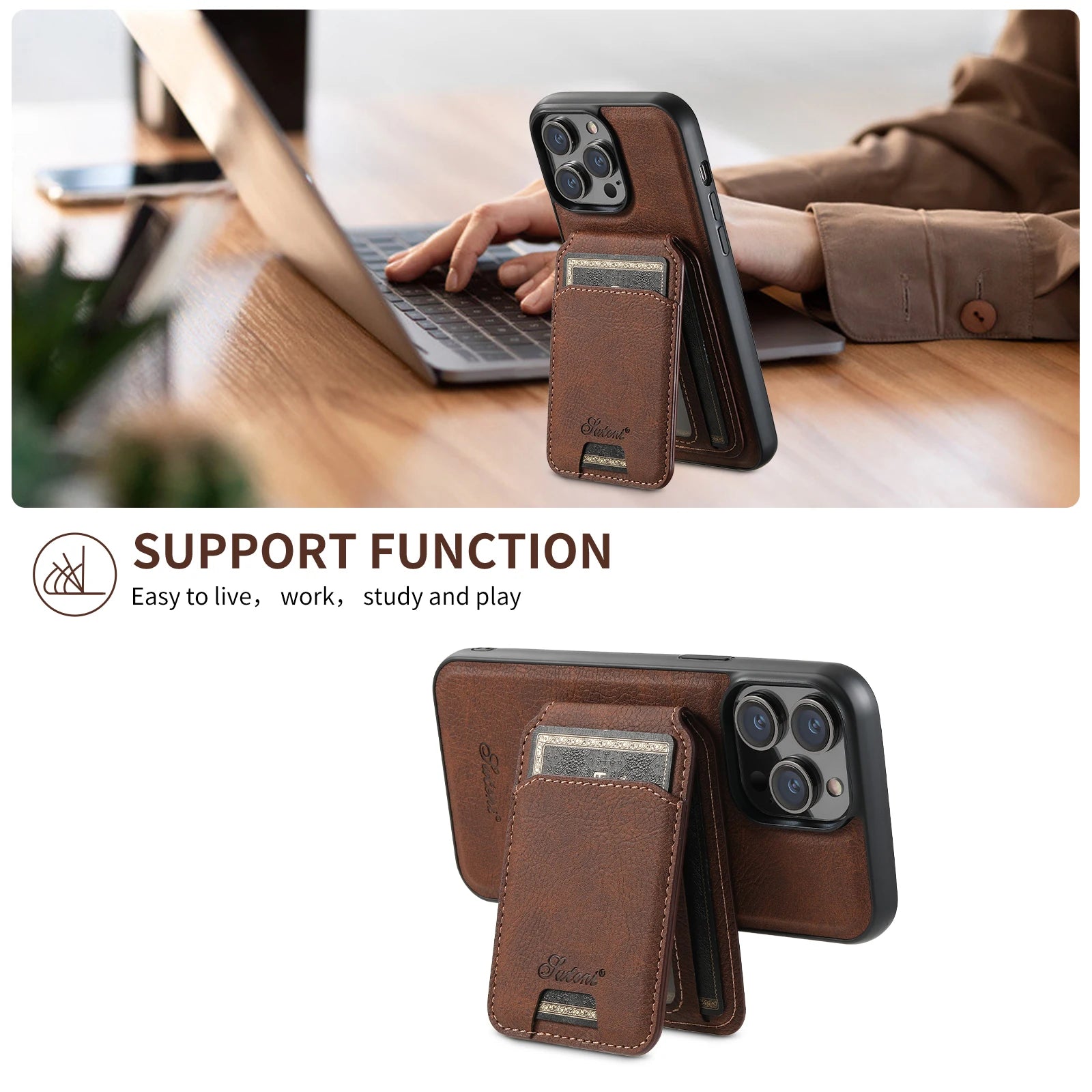SUTENI Wallet Phone Case Card Holder Leather Magnetic Pocket Cover For Wireless Charging For iPhone 12 13 14 16 ProMax 15Plus