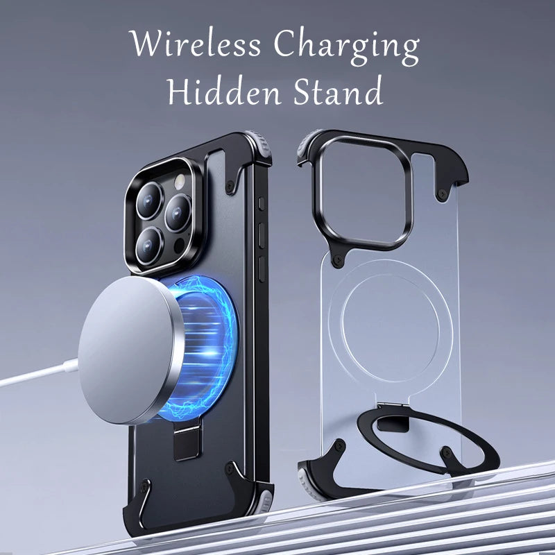 Aluminum Alloy Magnetic Stand Rimless Phone Case For iPhone 13 14 15 16 Pro Max Plus Metal Lens Shell Frosted Matte Back Cover