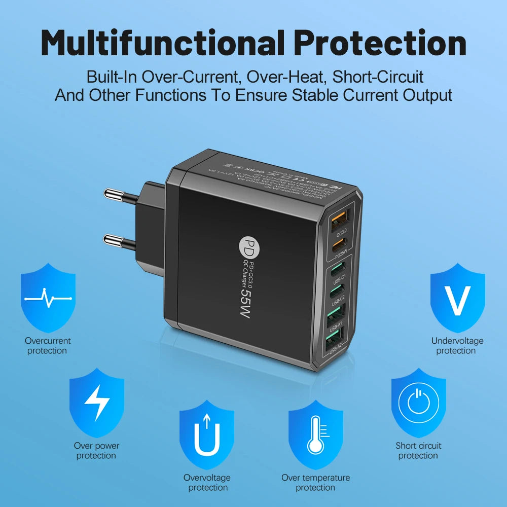55W 3 Ports USB 3 PD Charger Charging Adapter For Xiaomi iPhone 16 14 13 Samsung Mobile Phone Plug Charging QC 3.0 Wall Charger