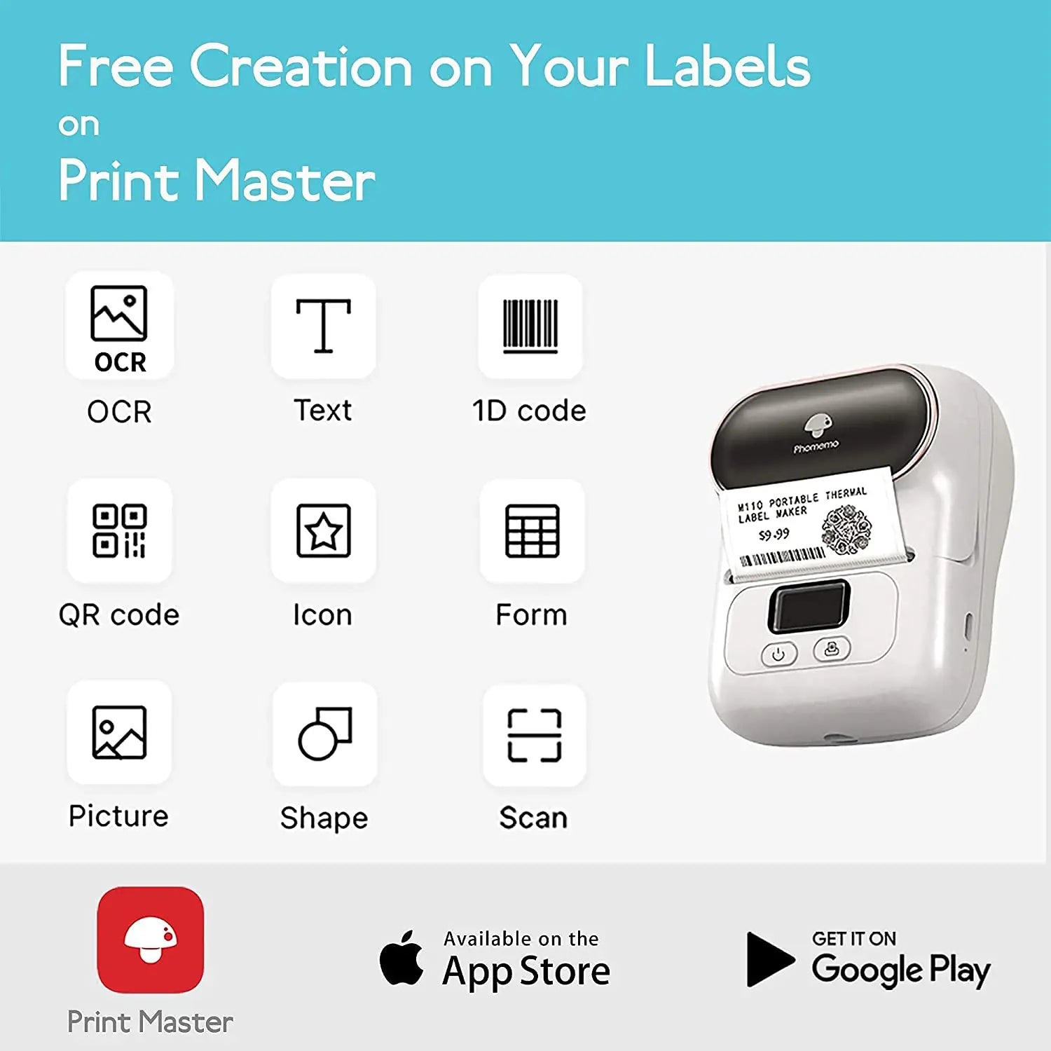Phomemo M110 Self-adhesive Smart Thermal Label Printer for Business,Barcode Label, Price Tag, Address Wireless Sticker Printer