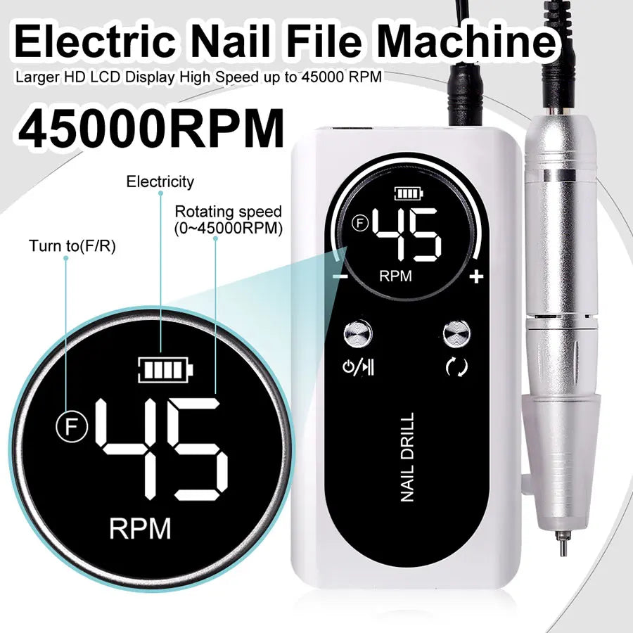 45000RPM Nail Drill Machine Electric Portable Nail File Rechargeable Nail Sander for Gel Nails Polishing For Home Manicure Salon