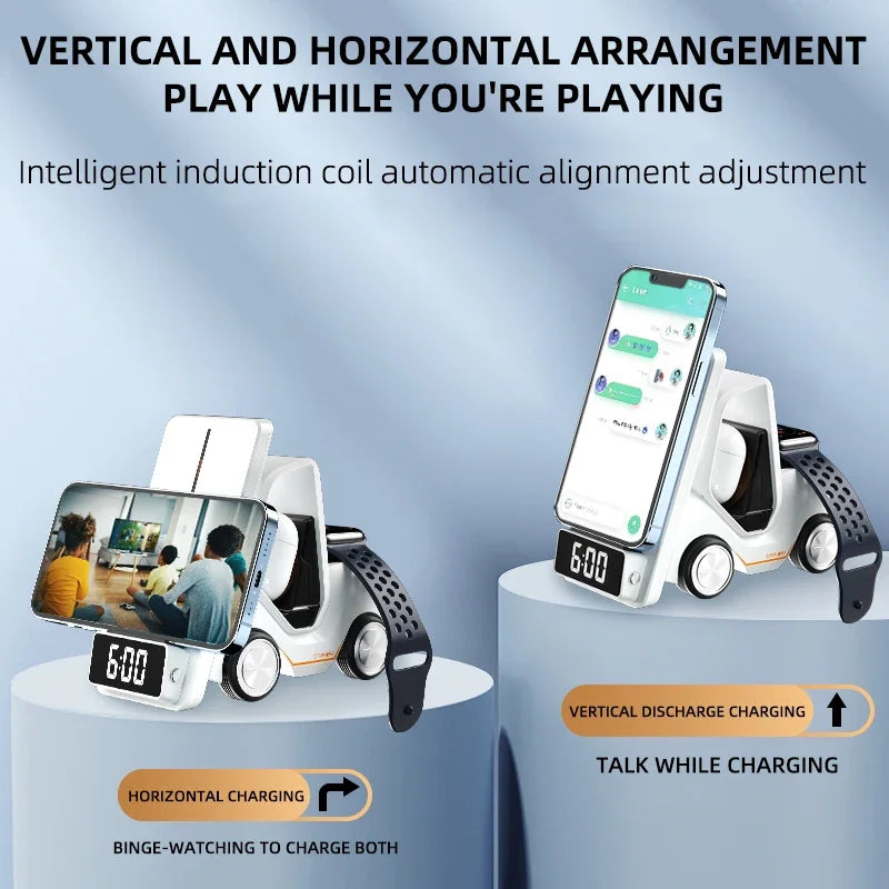 Cartoon 5-in-1 wireless fast charging with alarm clock suitable for iPhone 15 14 13 12 8 X XS XR Apple Watch 8 7 6 5 Airrods