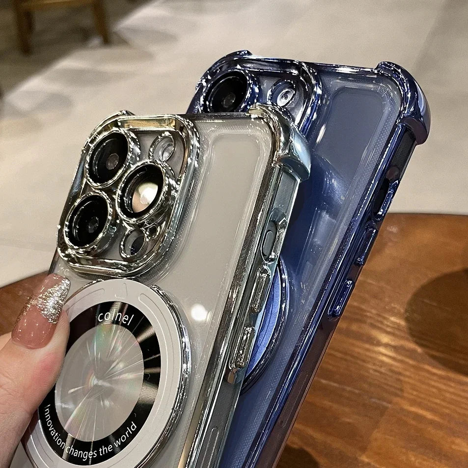 Luxury Airbag Plating Magsafe Case for iPhone 16 15 14 13 12 11 Pro Max Plus X Xs Xr Magnetic Bracket Transparent Silicone Cover