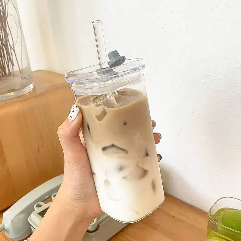 2-1Square Coffee Glass Cup With Lid and Straw Transparent glasses Milk Tea Juice Cups ice Mug For Drinkware