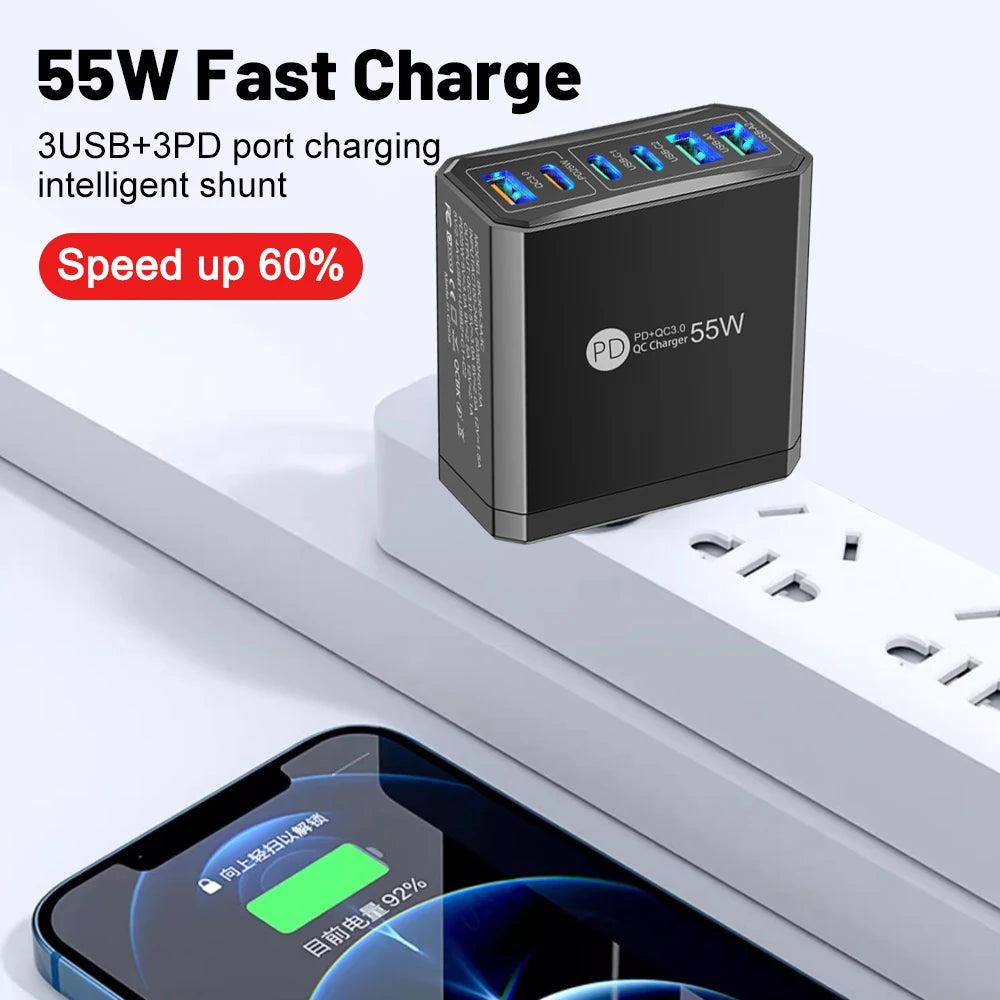 55W 3 Ports USB 3 PD Charger Charging Adapter For Xiaomi iPhone 16 14 13 Samsung Mobile Phone Plug Charging QC 3.0 Wall Charger