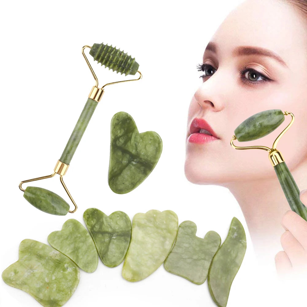 2pcs/kit Gua Sha Massager For Face Care Jade Rollers Beauty Health Skin Scraping Chin Lifting Natural Stone Gouache Massage
