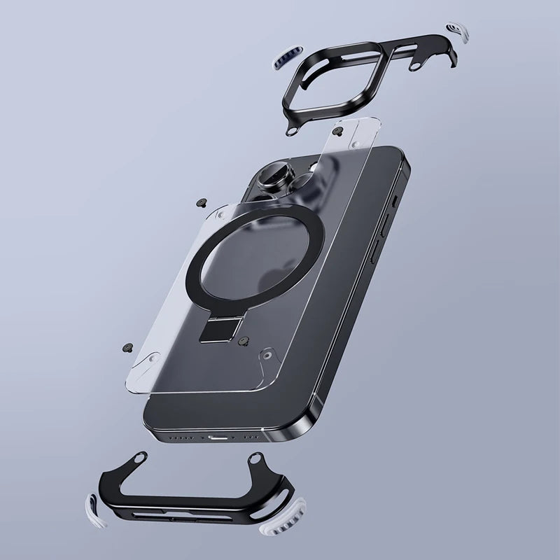 Aluminum Alloy Magnetic Stand Rimless Phone Case For iPhone 13 14 15 16 Pro Max Plus Metal Lens Shell Frosted Matte Back Cover