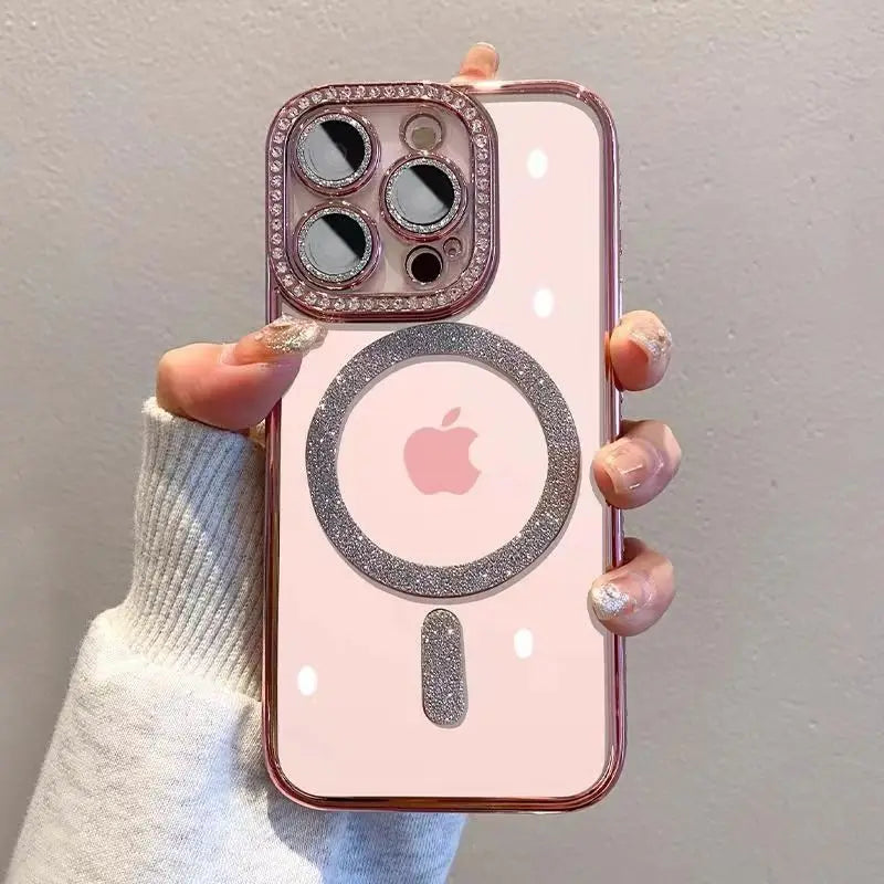 Bling Glitter Rhinestone Magnetic Wireless Charge Case for iPhone 16 15 14 13 12 11 Pro Max Plus Shockproof Pink Jewelled Cover