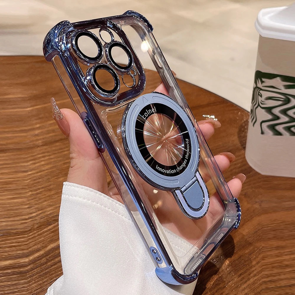 Luxury Airbag Plating Magsafe Case for iPhone 16 15 14 13 12 11 Pro Max Plus X Xs Xr Magnetic Bracket Transparent Silicone Cover