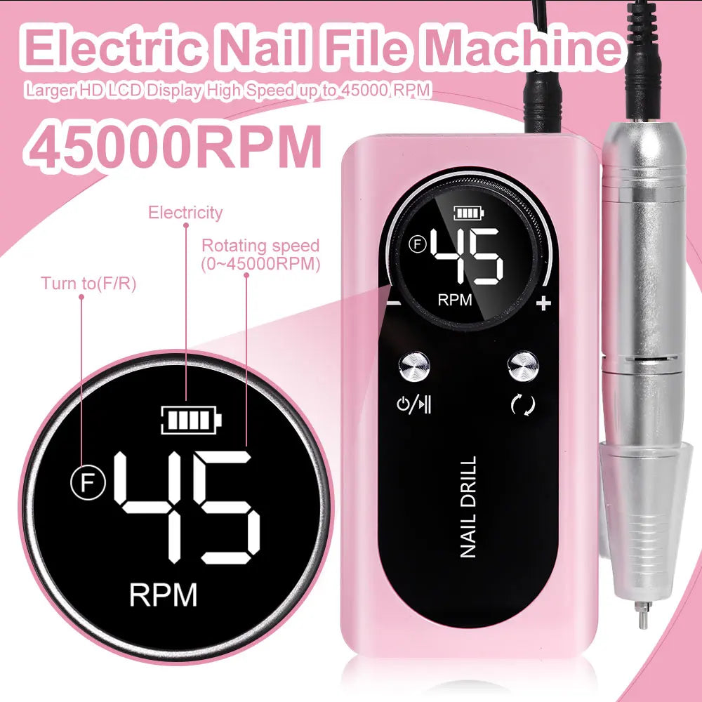 45000RPM Nail Drill Machine Electric Portable Nail File Rechargeable Nail Sander for Gel Nails Polishing For Home Manicure Salon