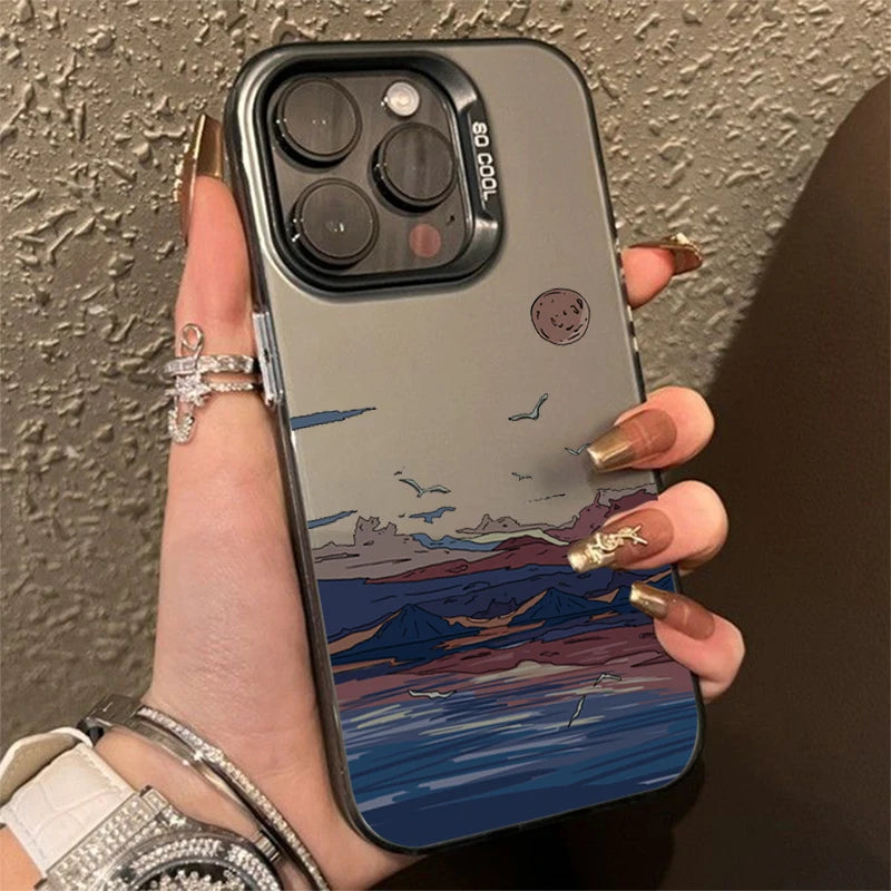 INS Mountain Landscape Sunset IMD Phone Case For iPhone 14 15 11 12 13 16 Pro Max 7 8 Plus SE 2 XR X XS Shockproof Bumper Cover