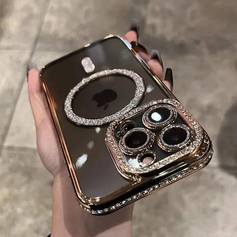 Bling Glitter Rhinestone Magnetic Wireless Charge Case for iPhone 16 15 14 13 12 11 Pro Max Plus Shockproof Pink Jewelled Cover