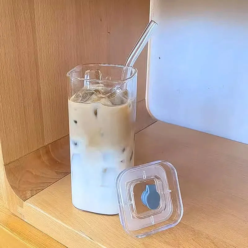 2-1Square Coffee Glass Cup With Lid and Straw Transparent glasses Milk Tea Juice Cups ice Mug For Drinkware