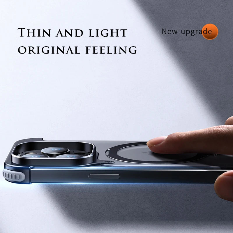Aluminum Alloy Magnetic Stand Rimless Phone Case For iPhone 13 14 15 16 Pro Max Plus Metal Lens Shell Frosted Matte Back Cover