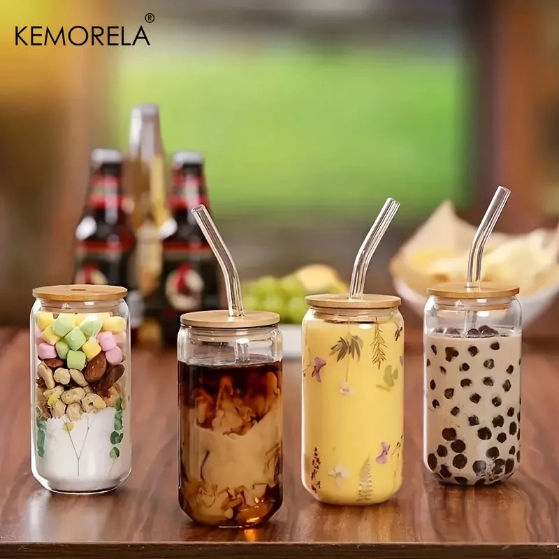 18.6OZ Glass Cup With Lid and Straw Transparent Bubble Tea Cup Glass Beer Can Milk Mocha Cups1/2/4 Set Breakfast Mug Drinkware