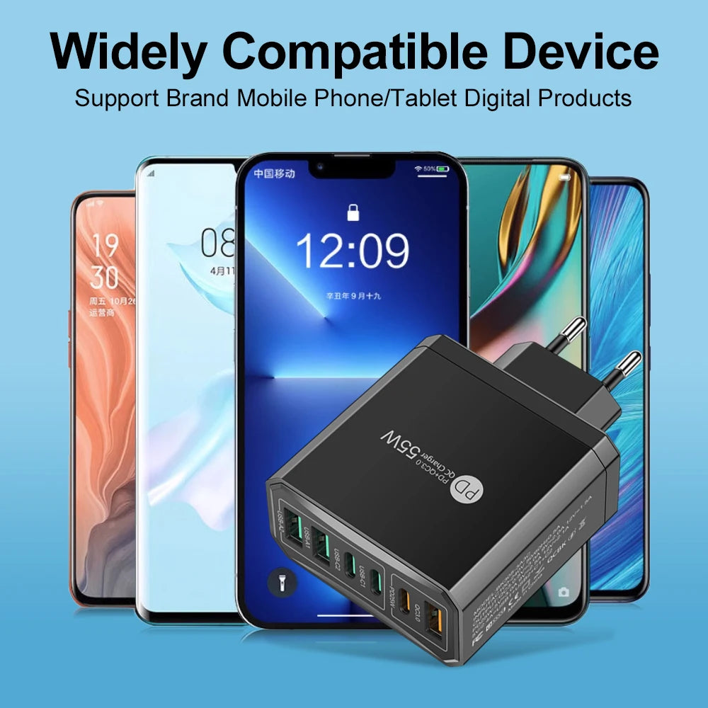 55W 3 Ports USB 3 PD Charger Charging Adapter For Xiaomi iPhone 16 14 13 Samsung Mobile Phone Plug Charging QC 3.0 Wall Charger