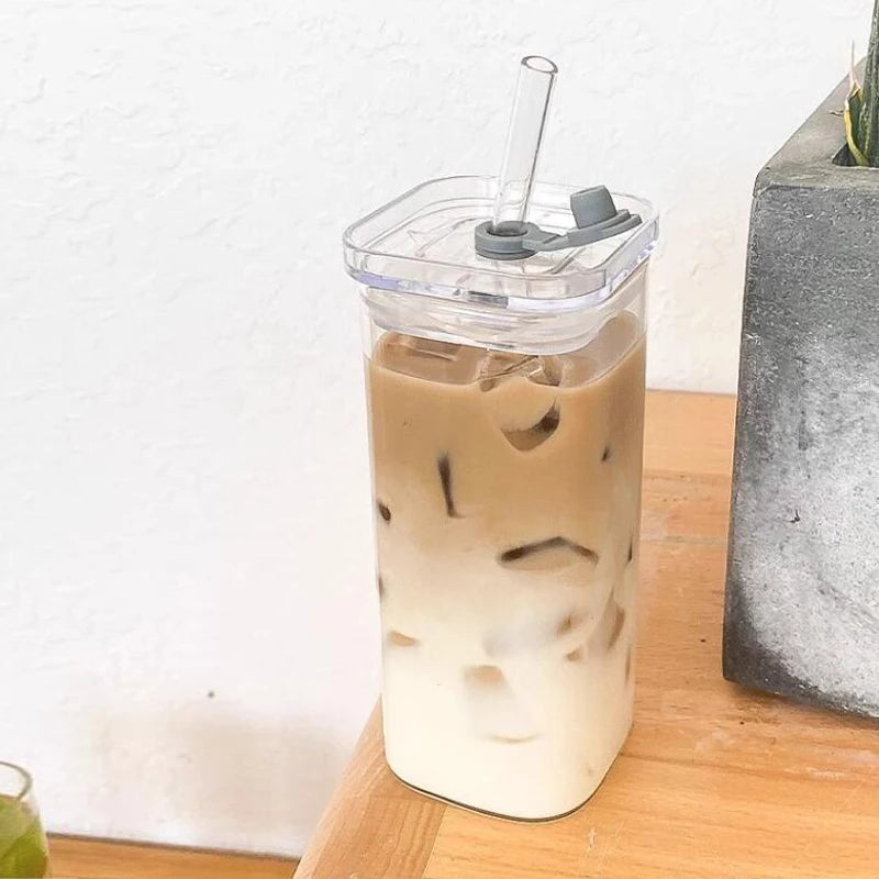 2-1Square Coffee Glass Cup With Lid and Straw Transparent glasses Milk Tea Juice Cups ice Mug For Drinkware