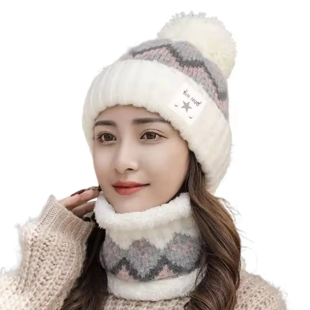 2PCS Winter Women Plush Velvet Hats Neck Warmer Hat Scarf Set Beanies Cycling Windproof Hat Outdoor Ear Protection